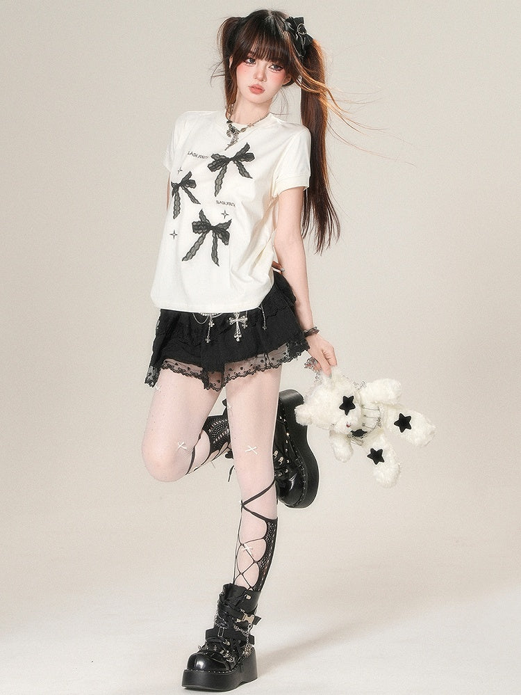 ホワイト/ブラック デイリープリント 蝶結び かわいいTシャツ