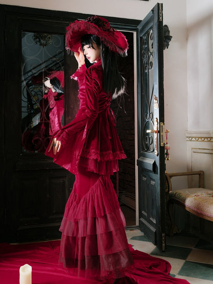 Embroidered Lace Blouse with Velvet V-Neck Coat and Layered Mermaid Skirt - DevilInspired Exclusive Collection