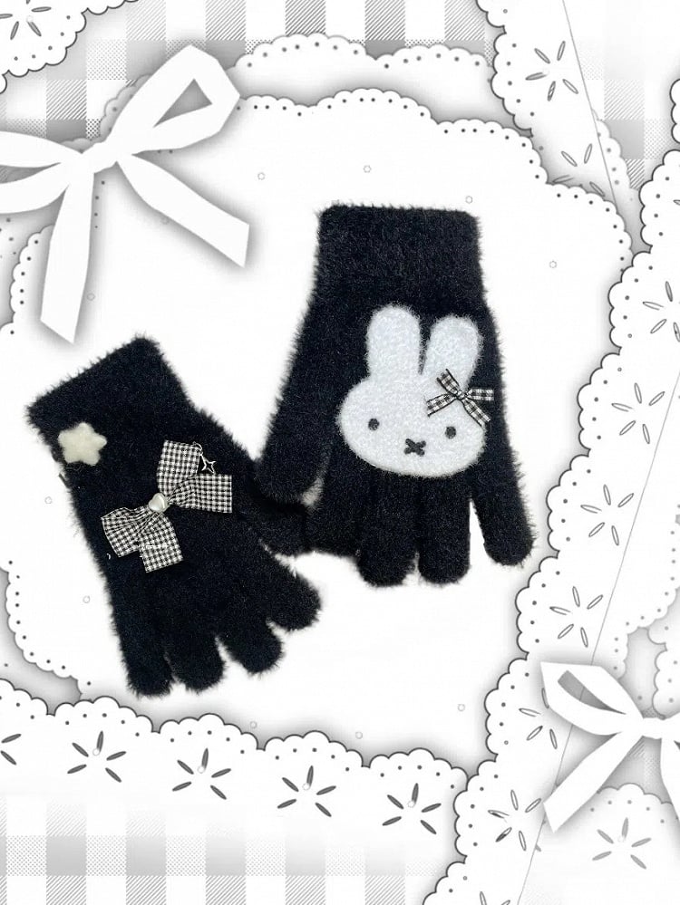 Cute and Miffy Gloves Pattern Plush Star Black/White with