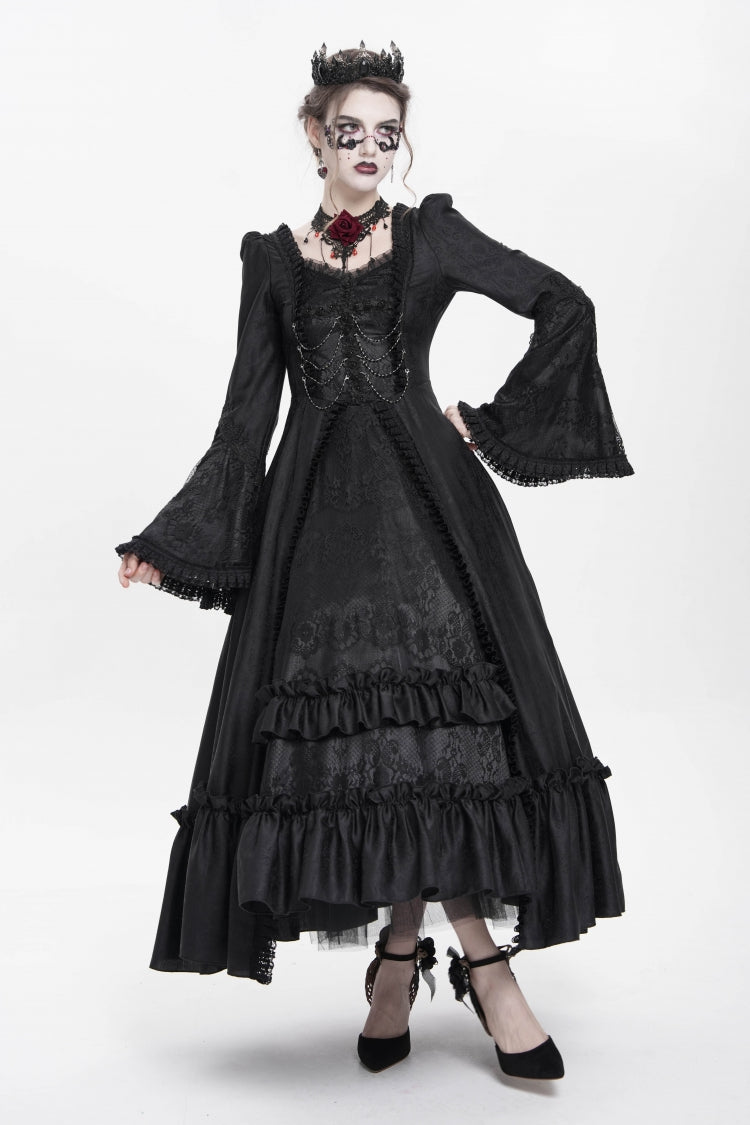Black Long Sleeve Floral Embroidery Lace-Up Pleated Gothic Dress