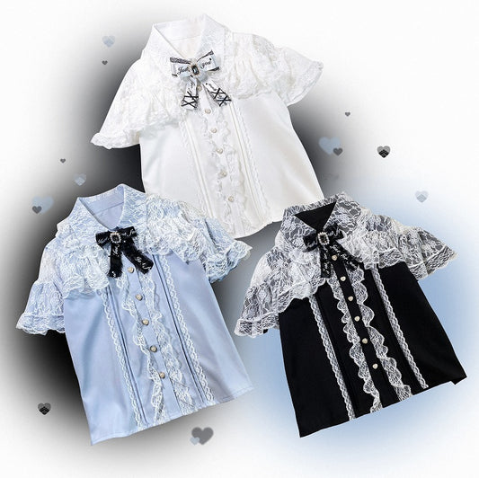 Jirai Kei Black/Blue/White Cutout Shoulder Cape Design Lace Blouse