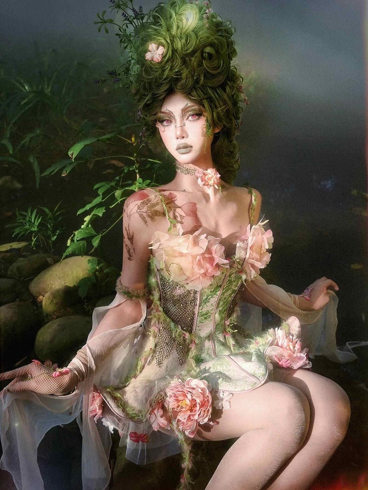 Tulle Goth Fairy Pink and Overlay Floral Green Corset Boned Forest + Petticoat Sleeves