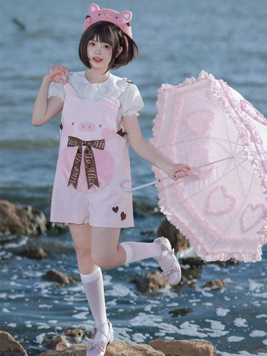 Adorable Piggy Pattern Bubble Shorts Overalls Pink