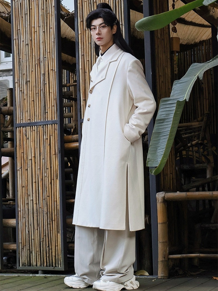 in Style Beige Chinese Coat Vent Design Unisex Front Buttoned Scarf Side Set with