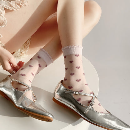 WhiteBlack/Purple Calf Heart Socks Ribbed Trim Embroidery