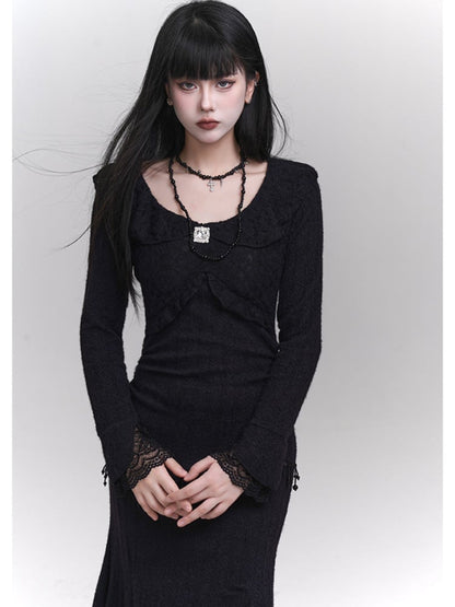 Black Round Neck Bead Details Slim-fitting Mermaid Dress