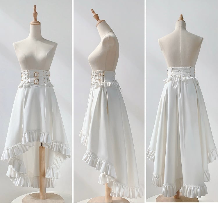 White High Waist Gothic Lolita Cascading Ruffle High-low Skirt