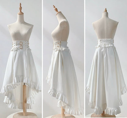 White High Waist Gothic Lolita Cascading Ruffle High-low Skirt