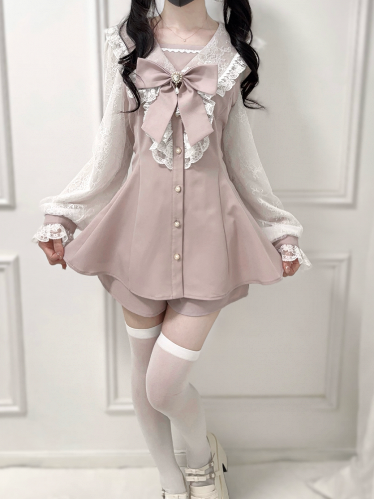 Collar Sailor Mesh Coord Kei with Jirai Sleeves Pink Sweet Set: Dress