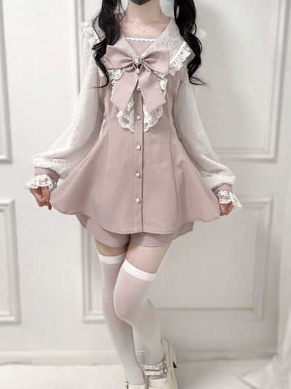 Collar Sailor Mesh Coord Kei with Jirai Sleeves Pink Sweet Set: Dress