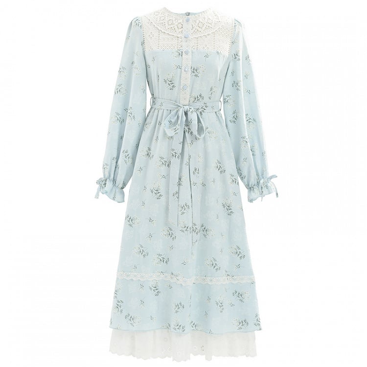 Blue Illusion Neckline Lace Trim Floral Dress with Self-tie Strap at Waist