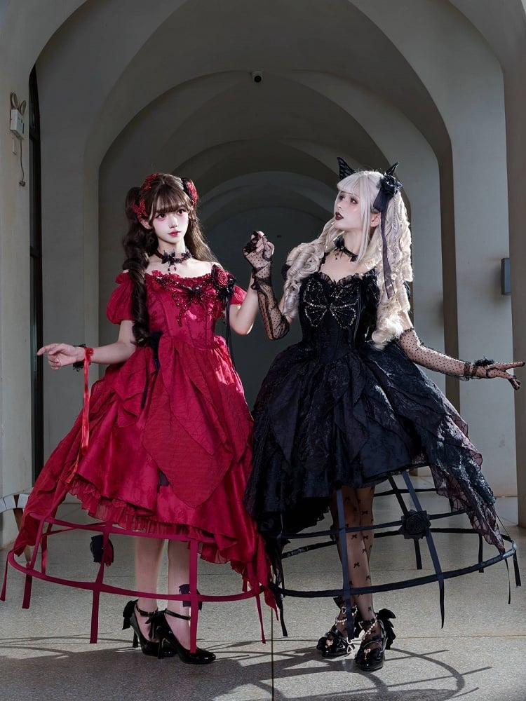Red Butterfly Rhinestone Detail Puff Sleeve Lolita Top and Asymmetrical Hem Skirt Set - Sweet Wood Lolita