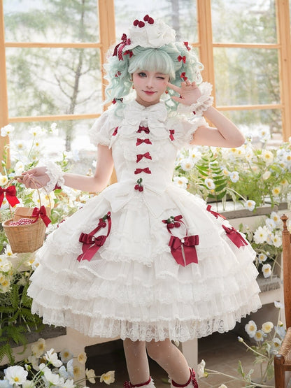 ホワイトストロベリープリンセスレイヤードフリルドレス、取り外し可能なパフスリーブ付きスイートロリータジャンパースカート