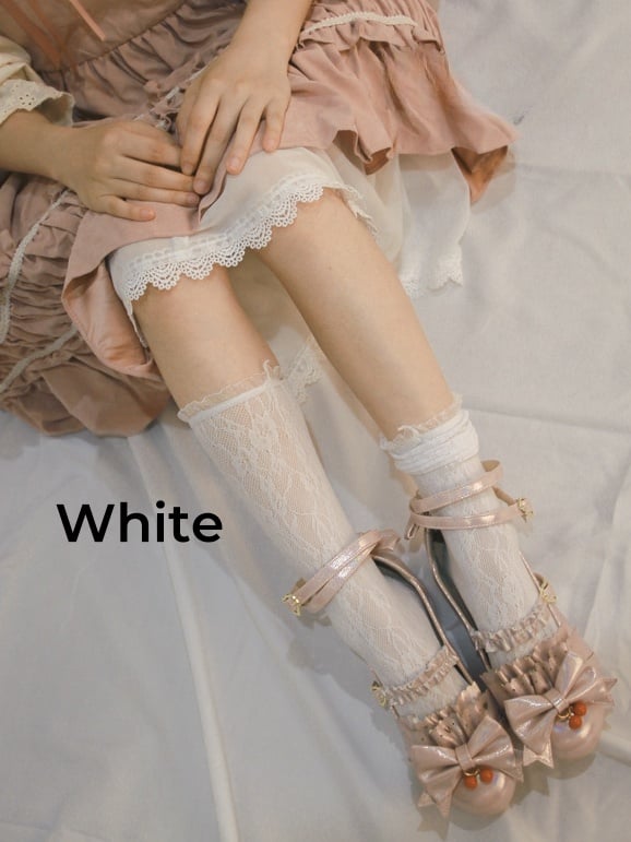 White Floral Pattern Ruffled Cuff Lace Socks