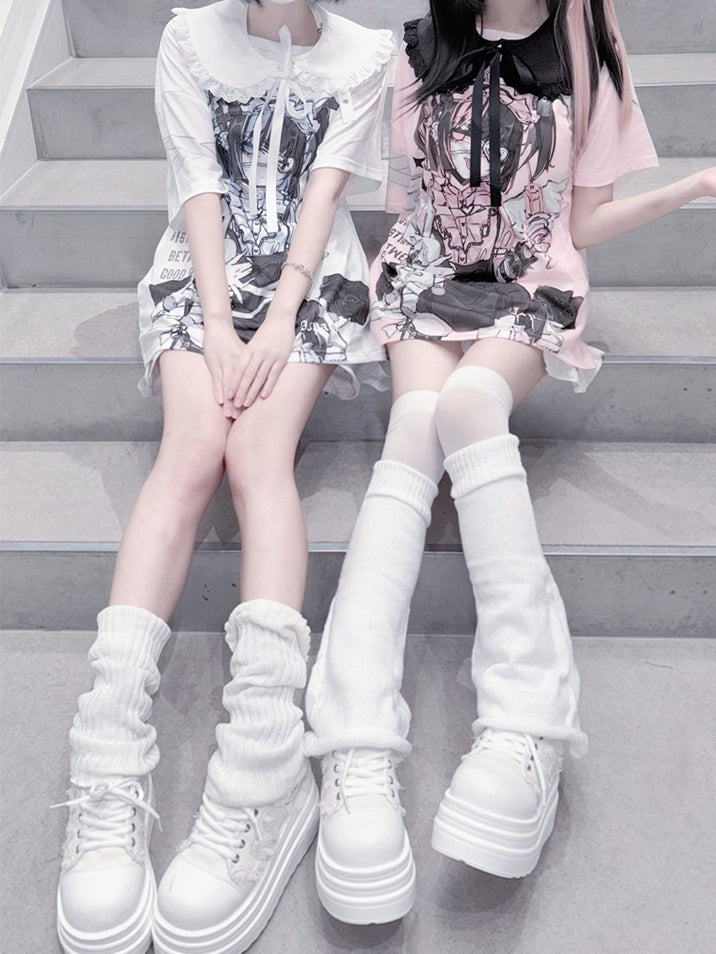 Dark with Cute Pan Anime Kawaii Detachable Yami Collar Print / Peter T-shirt: Cotton White Pink