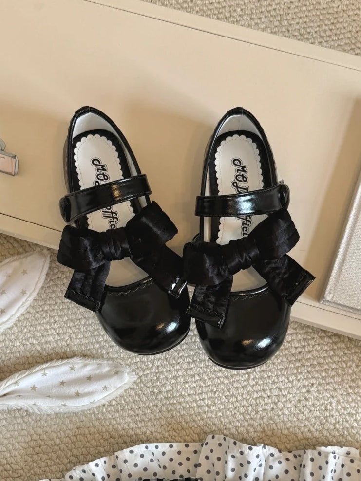 Closure Shoes Lolita PU Black Velcro Leather Bow Flat Accent Heart Sweet Strap in Decor