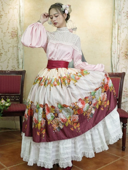 Pink Blouse Wine Red Crystal Tassel Floral Skirt Set