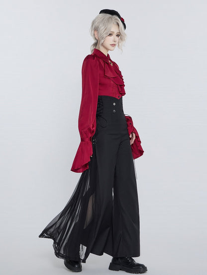 Ouji Style 110cm High Waist Wide-Leg Black Pants with Pleated Chiffon Panel - DevilInspired Exclusive Collection
