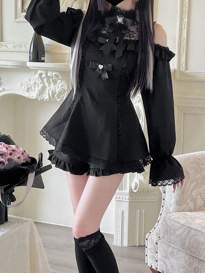 ジライケイイリュージョンフリルショーツ付きミニブラックスカート、カットアウトショルダードレス、ヘムネックラインセット