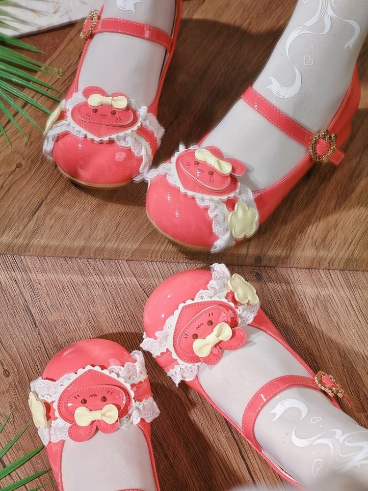 Peach Bunny-Inspired Red Lace Fastener Lolita PU Edging Janes Sweet in Low-heel Heart Mary