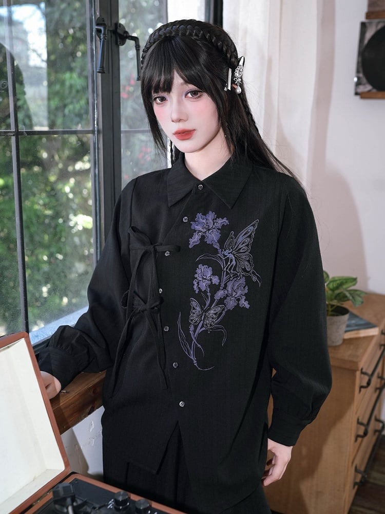 Gothic Long-Sleeve Shirt with Asymmetric Placket & Iris Print in Black Purple - Quirky Hut