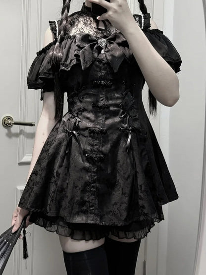 チャイナドレス + イリュージョンジライネックラインミニドレス ボウタイケイショーツセット - ブラックスタイル + ベルスリーブ