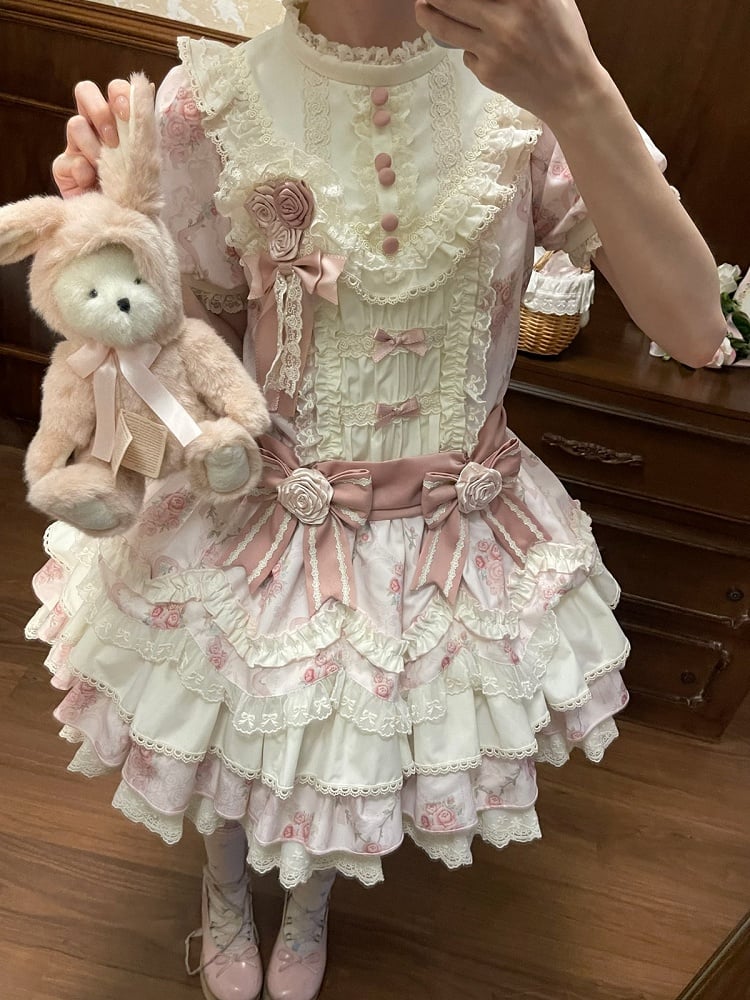 Pink Floral OP Dress with Bow and Lace Accents - Sweet Dream Box