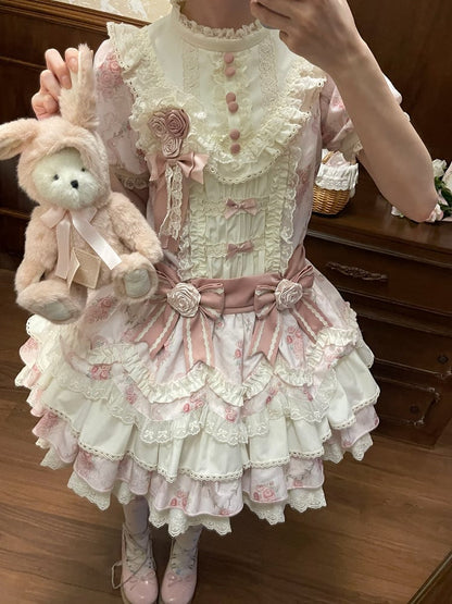 Pink Floral OP Dress with Bow and Lace Accents - Sweet Dream Box