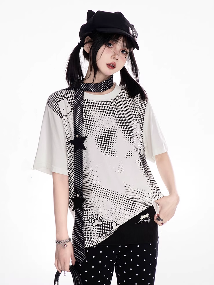ドットTシャツ 愛らしい漫画プリント ホワイト ラウンドネック ポルカ