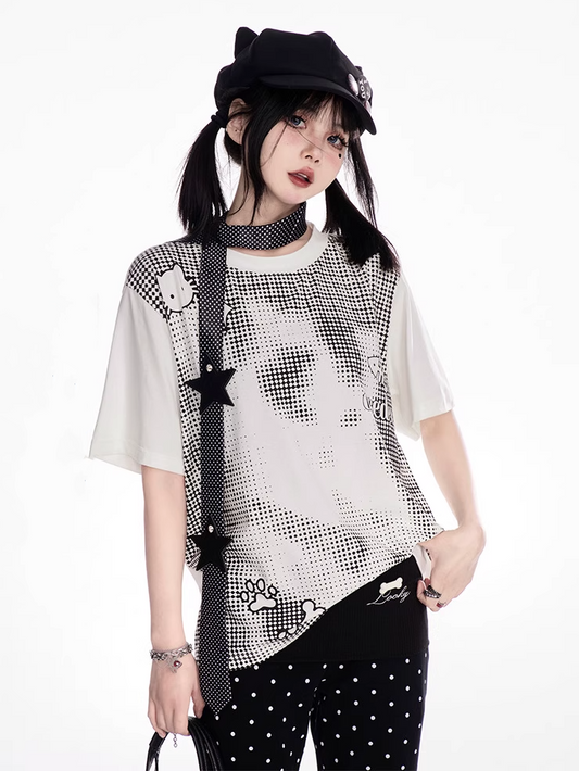 ドットTシャツ 愛らしい漫画プリント ホワイト ラウンドネック ポルカ