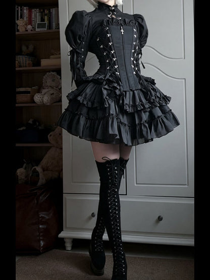 Lace-Up Boned Corset Top with Ruffle Accents - Moonveil Manuscript