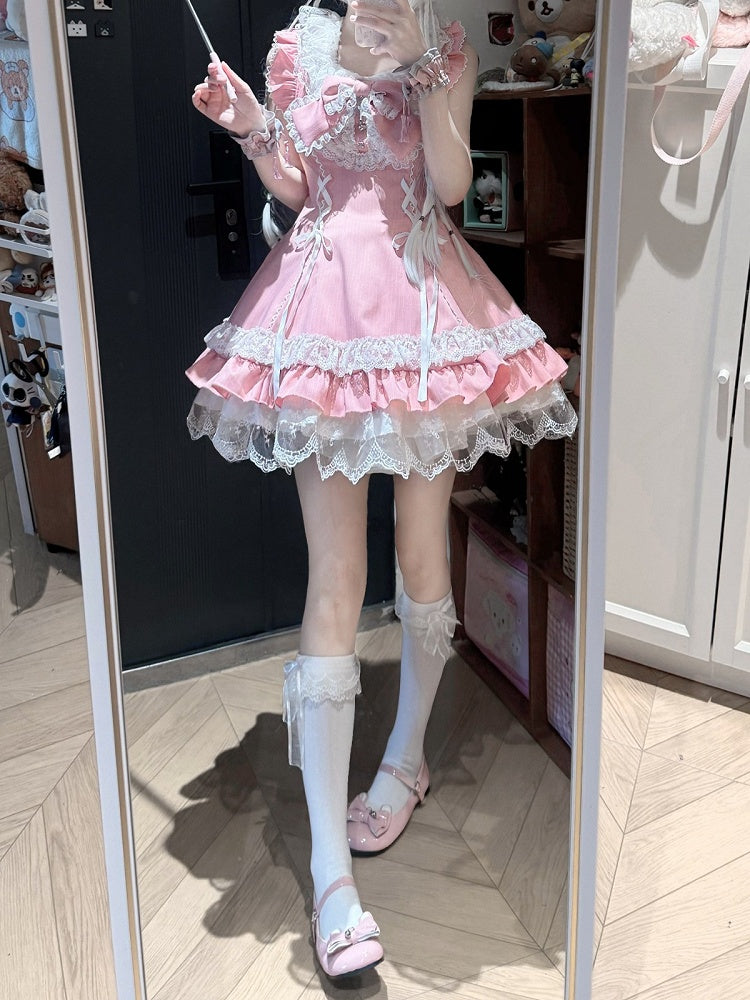 Pink Bow Lace JSK with Bunny Ear Hat Set - Delusions Studio