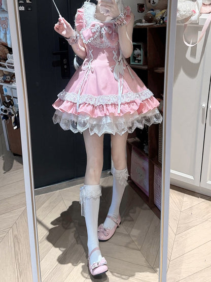 Pink Bow Lace JSK with Bunny Ear Hat Set - Delusions Studio