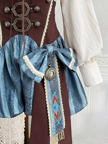 Brown & Blue Wasteland Style Asymmetrical Lolita Cape + Lace-Up Top + Striped Overall Shorts Set - Xiong Dou Jiang