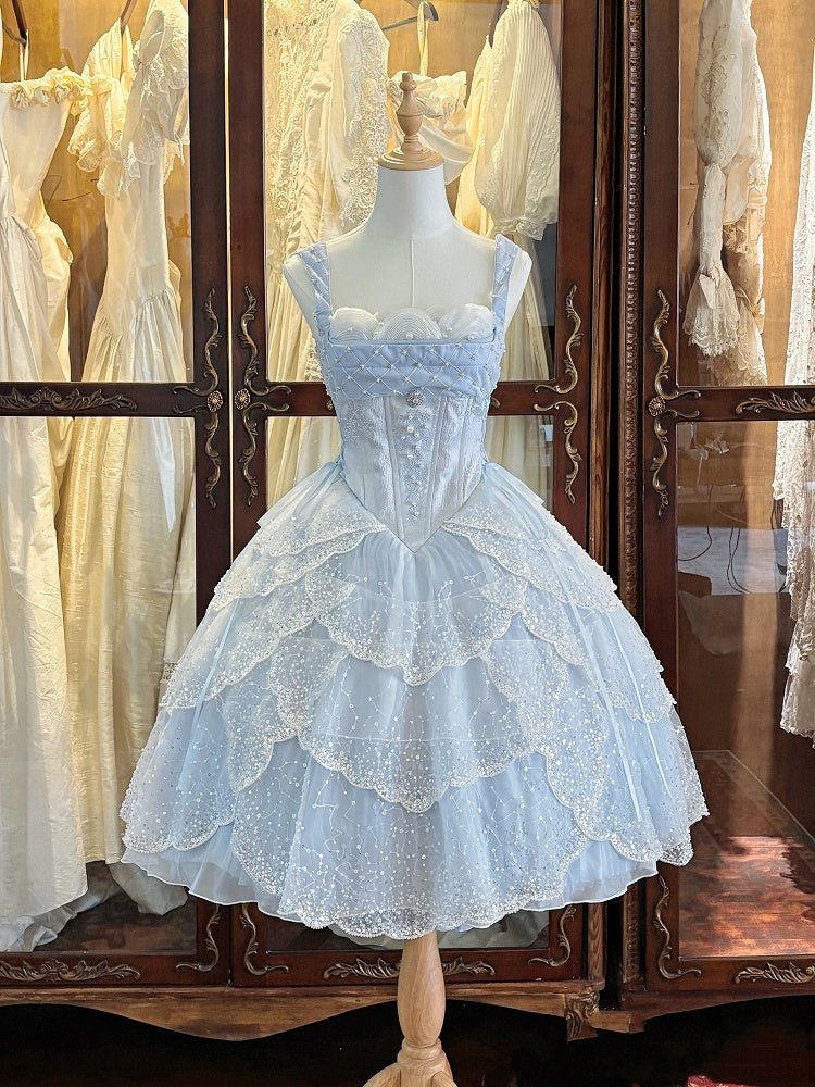 Blue Corset Waist Pearl Sequins JSK Dress Scalloped Hem - Iris fleur
