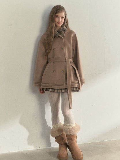 Waist Checked Khaki Double-breasted Vintage and with Wool Belted Coat Collar