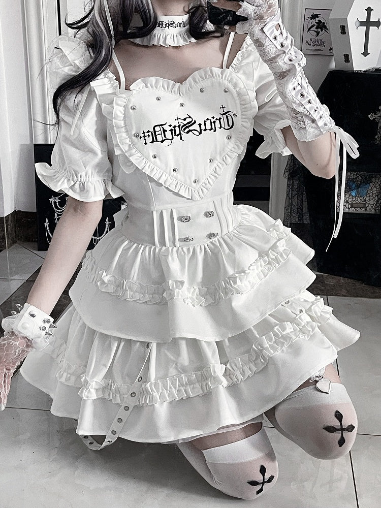 White Dress Heart Patch Gothic Layered Puff Sleeve with Skirt Short Ruffle