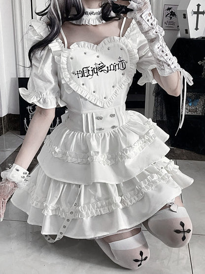 White Dress Heart Patch Gothic Layered Puff Sleeve with Skirt Short Ruffle