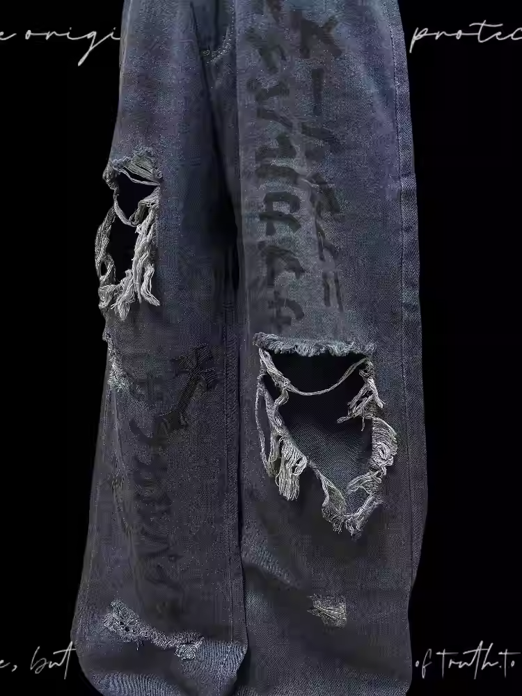 Raw Hem Punk Jeans Blau Distressed Holes