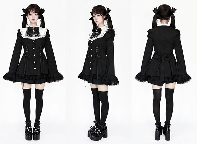 Black Kei - Tie Fashion Dress Sleeves Bow Waist Bib Striped Shorts Lace-Up Matching Outfit Jirai Bell with