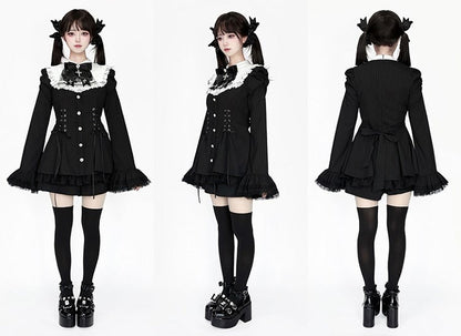 Black Kei - Tie Fashion Dress Sleeves Bow Waist Bib Striped Shorts Lace-Up Matching Outfit Jirai Bell with