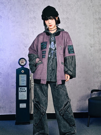 Print Distressed Gray Hoodie Gothic Brain Hole with Music Double-Layer