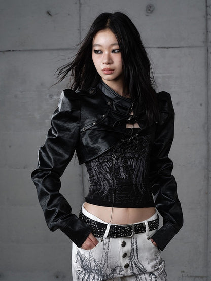 Jacket Punk with Vintage Studs PU Buckled Crop Straps Black