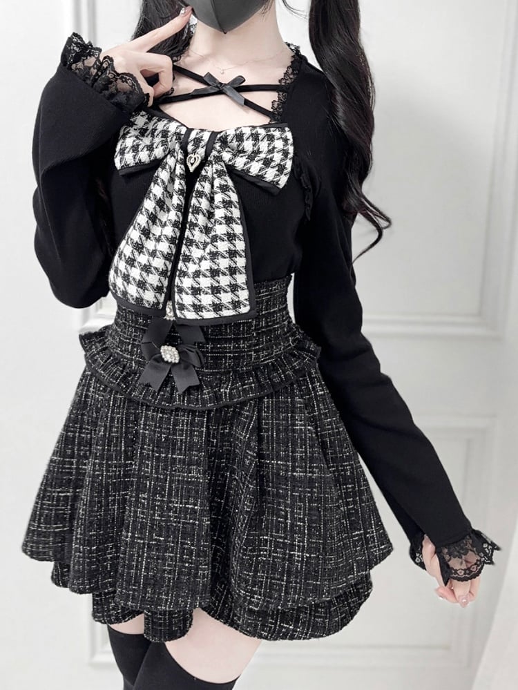 Kei Black/White with and Neckline Tweed Jirai Bow Criss-Cross Top Knit Big