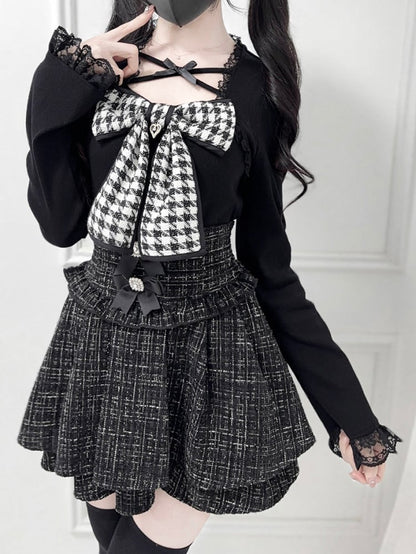 Kei Black/White with and Neckline Tweed Jirai Bow Criss-Cross Top Knit Big