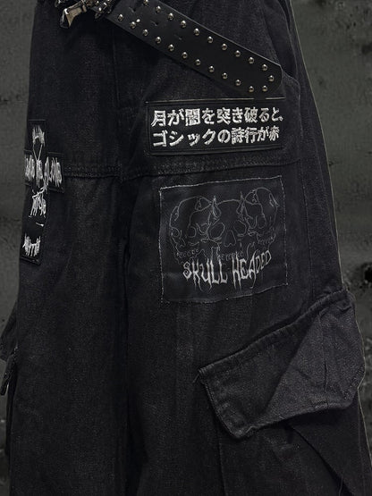 Punk Cargo Skeleton Wasteland Jeans Embroidery and Text with Wide-Leg Black Applique