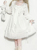 White Princess Lace Trim Bowknot Long Sleeve Lolita Dress - AMAHAKAWA