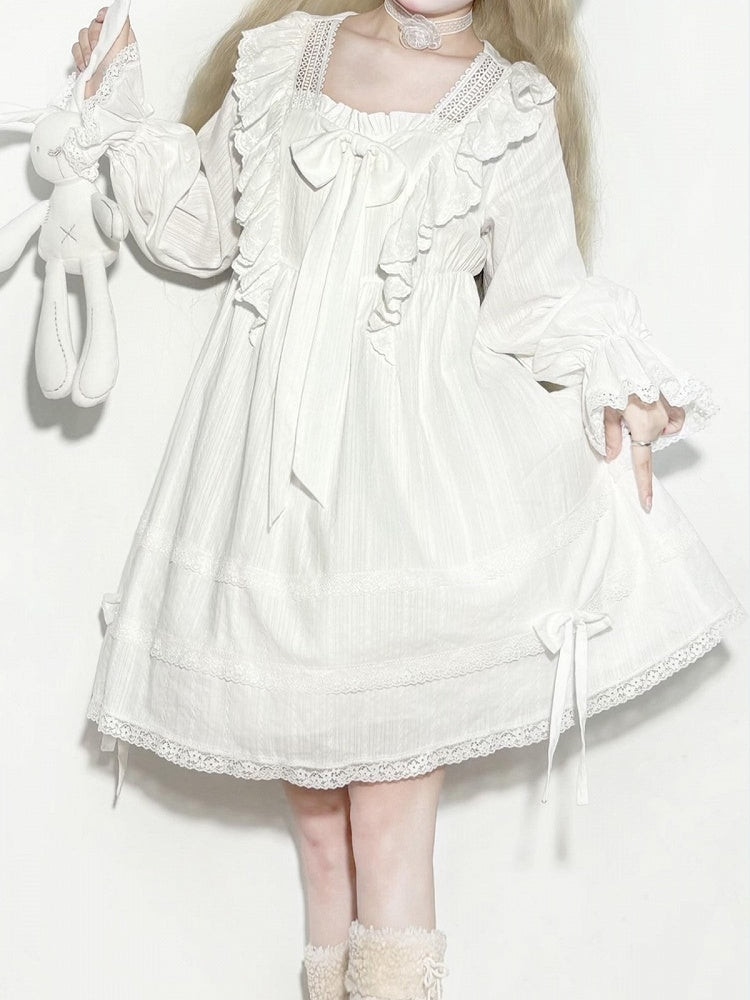 White Princess Lace Trim Bowknot Long Sleeve Lolita Dress - AMAHAKAWA