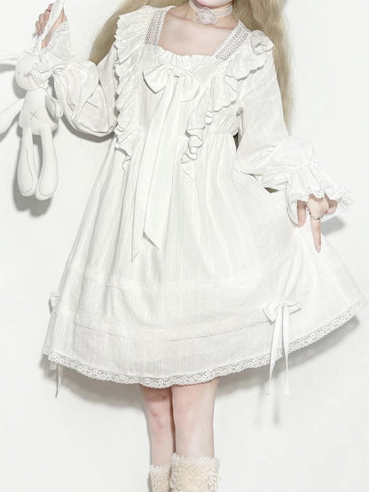 White Princess Lace Trim Bowknot Long Sleeve Lolita Dress - AMAHAKAWA