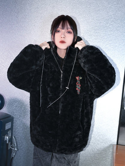 Drawstrings Coat Mythical Chain Cat Beast Metal Gothic with Hooded Ear Black Cheongsam Embroidery